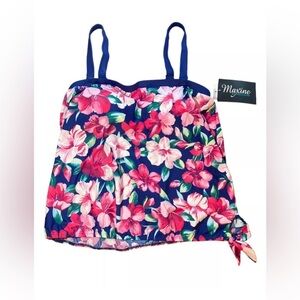 Maxine of Hollywood Tankini Top Women's 16W Blue Pink Floral Adjustable Straps